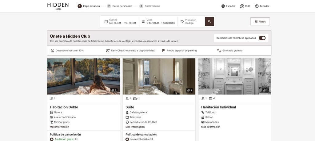 Capturas de pantalla de la interfaz en escritorio del motor de reservas de Mirai Go para hoteles independientes.